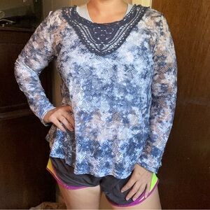 Joseph Ribkoff 12 blue sheer open back Tye Dye Eyelit Long Sleeve Tunic Blouse